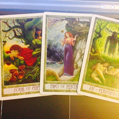 My cards of the day that just passed, from the Druid Craft Tarot